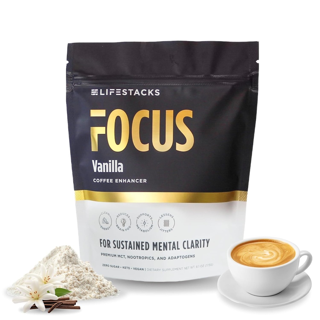 Focus Crème à café pour l'énergie et la clarté - Poudre MCT + Nootropiques + Adaptogènes - Boost Productivity Without Jitters or Crash - Keto, Vegan, 0 Sucre - avec Taurine, L-Tyrosine, Rhodiola