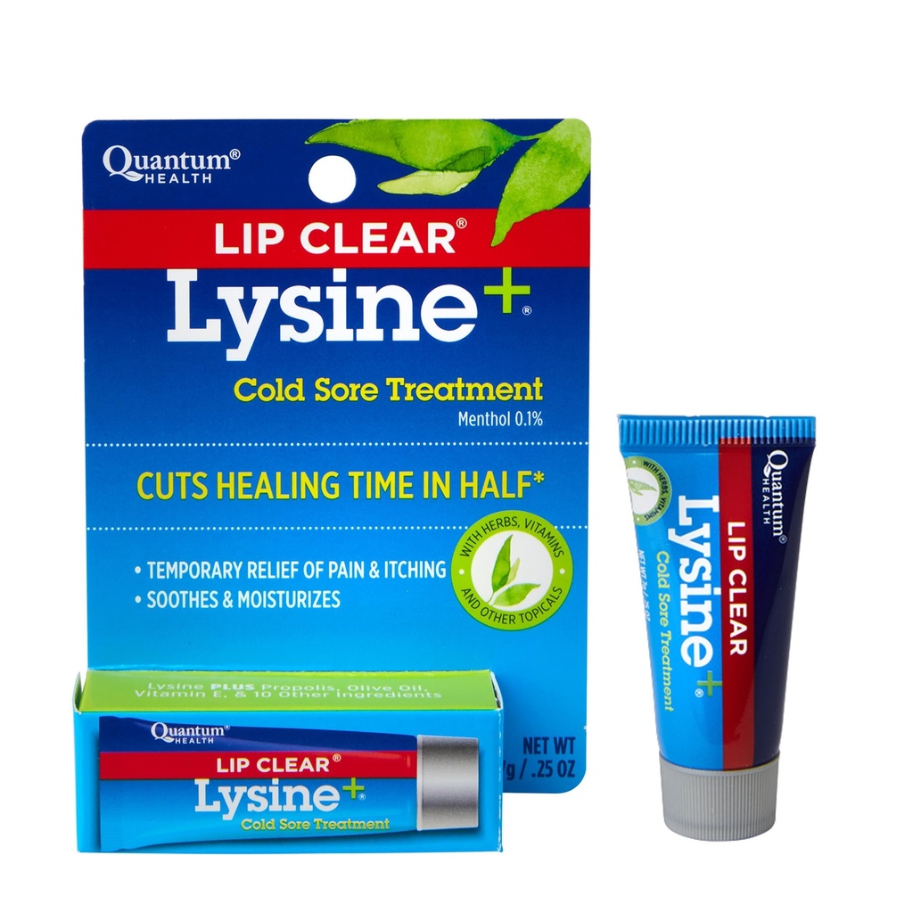 Quantum Health Lip Clear Lysine+ Cold Sore Treatment Soothe & Moisturize Mouth Sores - L-Lysine Menthol Calendula & Propolis Zalf - Transparante koorts Blister Healing Balm - 0,25 Oz