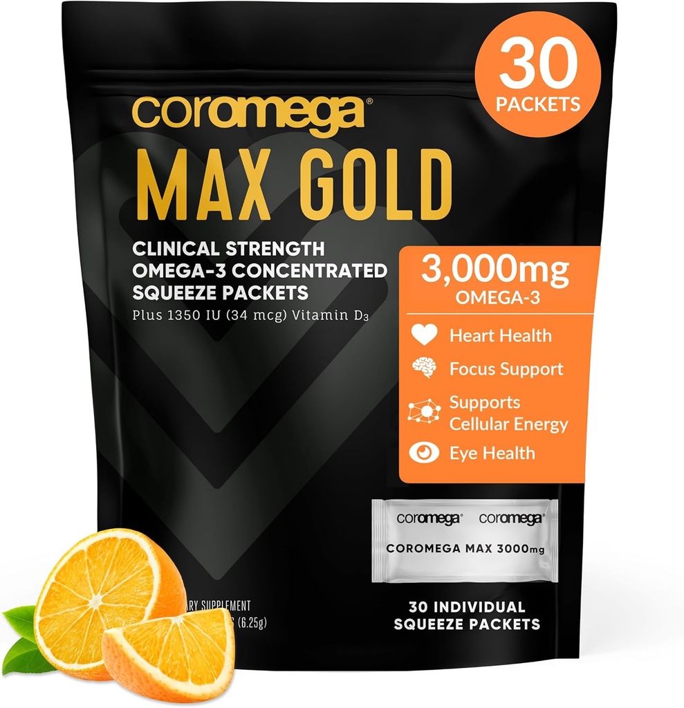 Coromega MAX Gold 3000mg Omega-3 Visolie + Vitamine D Squeeze Packets, Wild-Caught, No Fishy Smaak - 3X Beter Absorptie dan Softgels, Ondersteunt Hersenen & Hart Gezondheid (30 Serven, Oranje smaak)