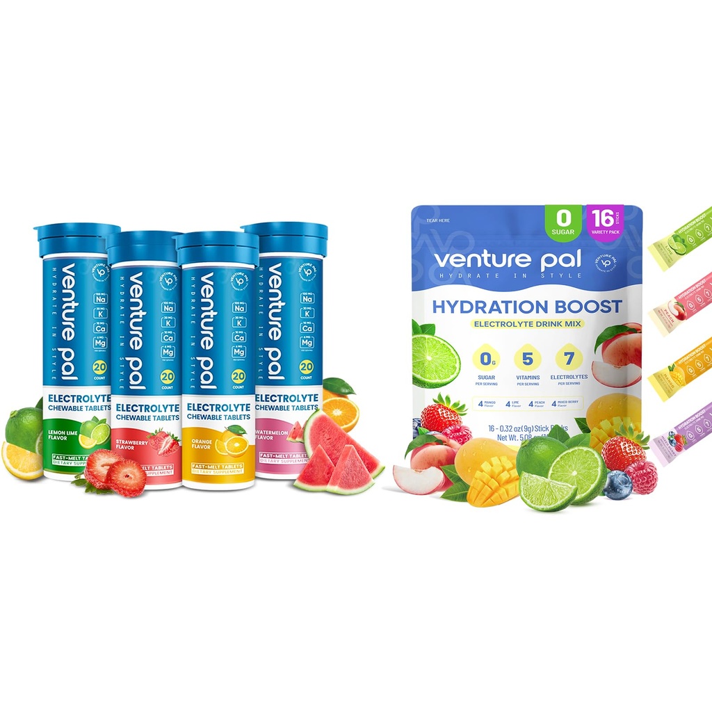Venture Pal Powder Packets sans électrolyte sans sucre et tablettes électrolytes à meule rapide à croquer, électrolyte sport pour la course à pied Randonnée Cyclisme Sports Nutrition