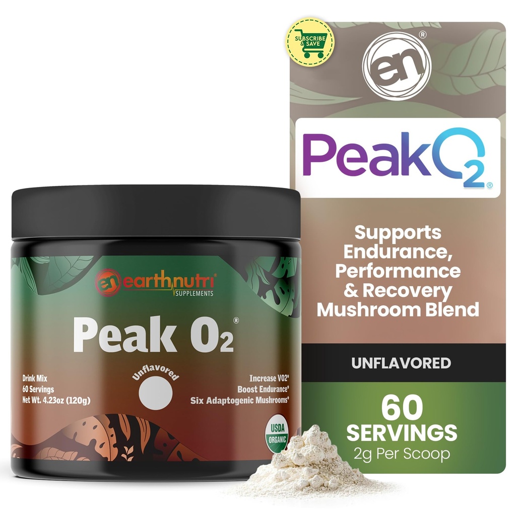 EarthNutri PeakO2 Trainingssupplement - Paddenstoelsupplement voor pre-workout endurance en atletische prestaties Geen toevoegingen, geen fillers Ondersteunt uithoudingsvermogen, sterkte en herstel - 60 porties