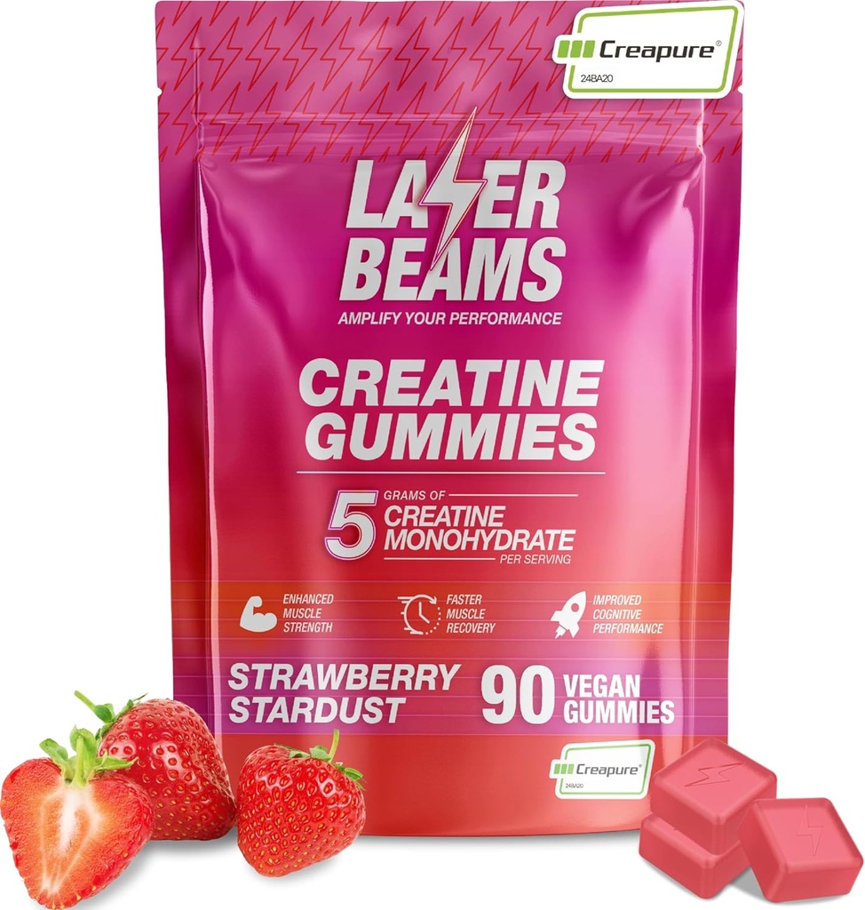Creatine Monohydraat Gummies - 5g Creapure Creatine per Serving - Vegan - Boost Muscle Strength, Endurance, Recovery & Mental Focus - 90 Gummies, Gluten-Free (Strawberry)
