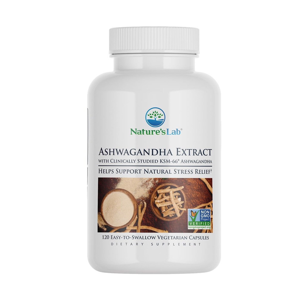 Nature's Lab Extra Strength Ashwagandha KSM 66 Extrait - 5% Withanolides, poudre de racine biologique pure Ashwagandha - soutient le stress, la concentration et le soutien de la force* - 120 Ct (60 jours d'approvisionnement)