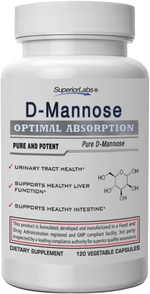 Superior Labs D-Mannose 500 mg, Pure Non-GMO Optimale Absorptie Prebiotische, Urine Tract, Blaas en Nier UTI Ondersteuning, Digestieve en Lever Gezondheidshulp, IC Relief for Women & Men, 120 Veg Caps