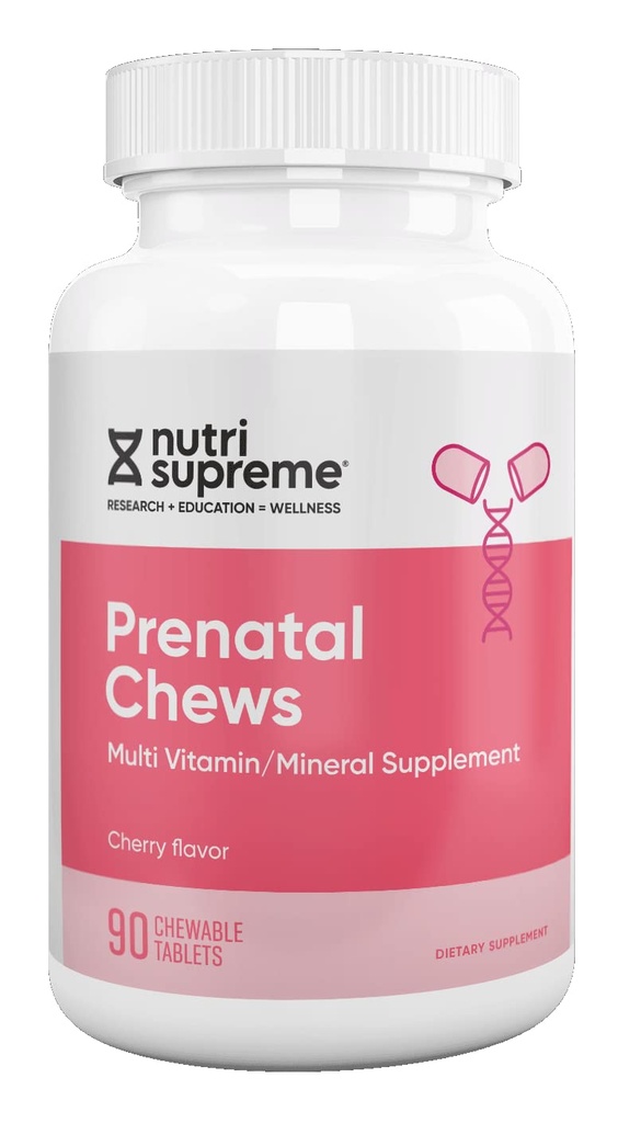 Nutri Supreme Prenatale Vitamine, Kauwbare Prenatale Vitaminen voor Vrouwen met 800 MCG van Folaat, Volledige Zwangerschap Multivitamine met Iron, Kosher, Cherry Flavor, 90 Tellen