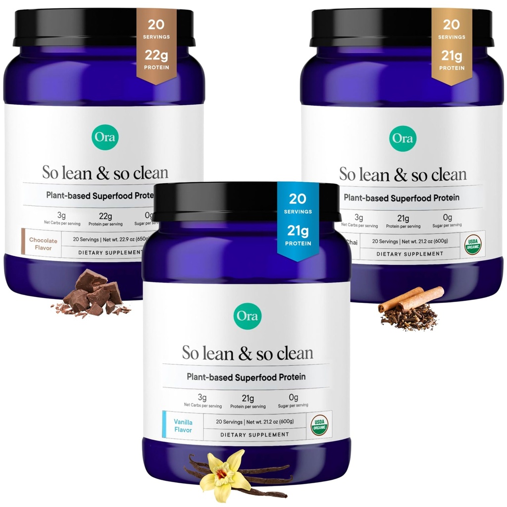 Ora Organic Protein Powder Vanille, Chocolade & Vanilla Chai Bundle: 21g Plant Based, Vanille, Vanilla Chai, 20 Servers + 22g Plant Based, Chocolade, 20 Servers