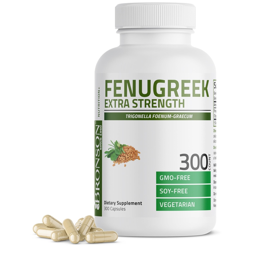 Bronson Fenegriek Zaadpoeder Capsules Extra sterkte, Trigonella Foenum-Graecum, Non-GMO, Soy-Free, Vegetarisch, 300 Capsules
