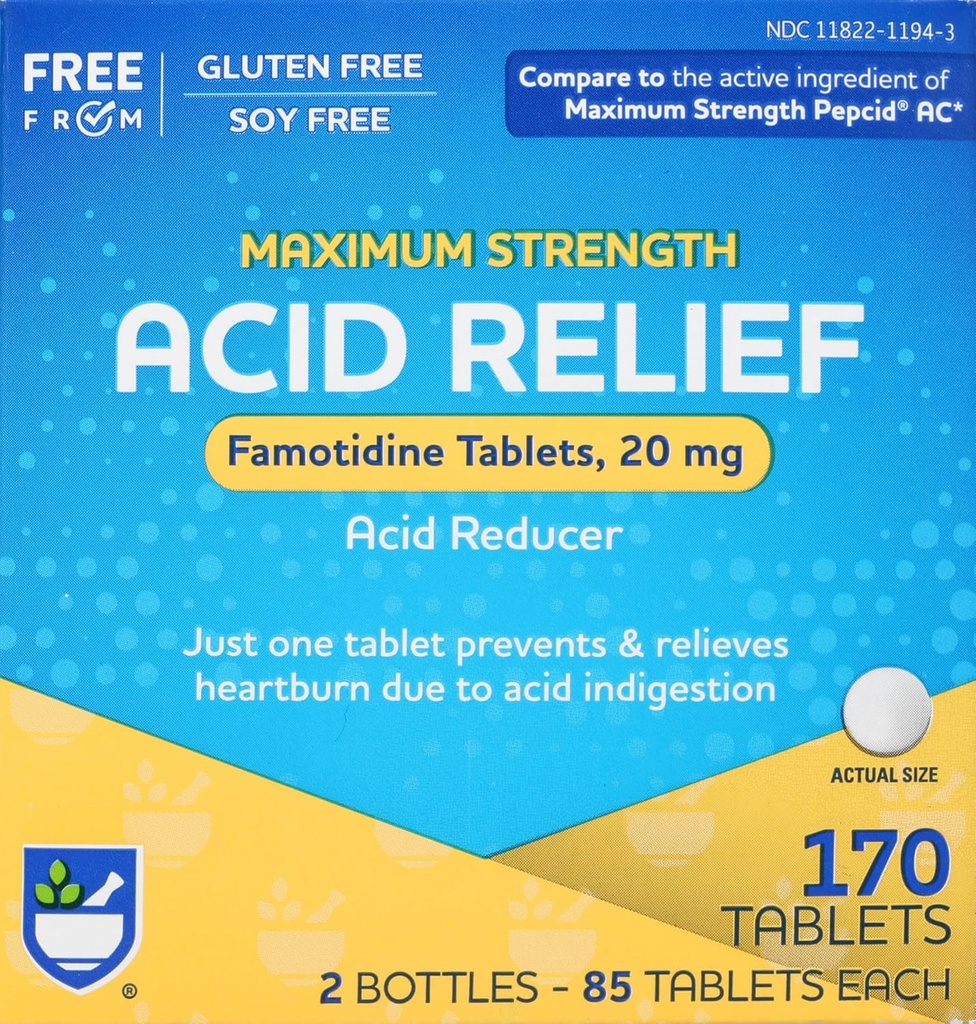 Rite Aid Acid Reducer, maximale sterkte Famotidine Tabletten, 20 mg - 2 Flessen, 85 Tellen Elke (170 Tel Total) 