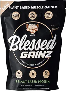 BLESSED Gainz Vegan Protein Powder Mass Gainer - 40g Plant Based Protein Powder - Meal Replacement Shake with Pea Protein Powder - Vegan Protein Shake - 40 Servings (Vanilla Cinnamon Swirl)