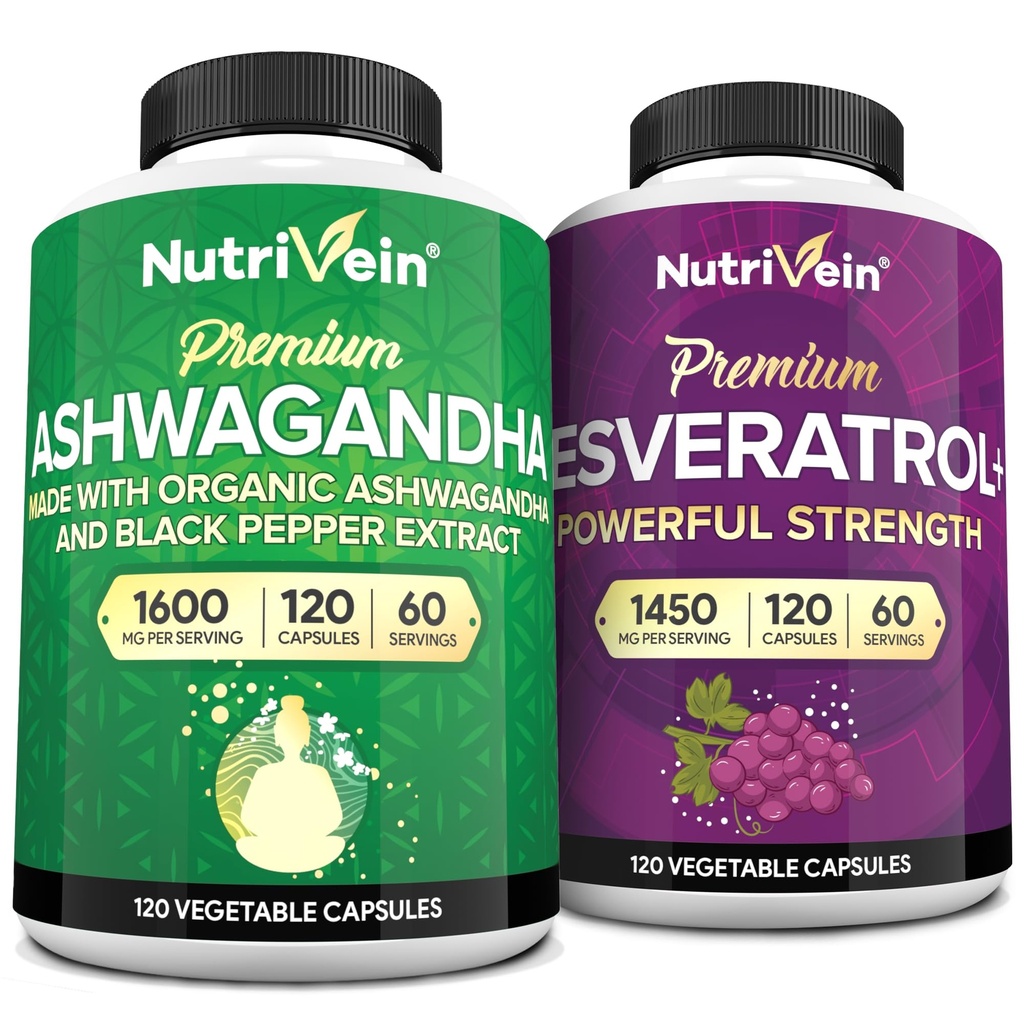 Nutrivein Premium Ashwagandha Capsules & Resveratrol Supplement Bundle: Hoge absorptie Resveratrol Capsules en Ashwagandha Supplementen voor Evenwicht, Vitaliteit, & Reparatie