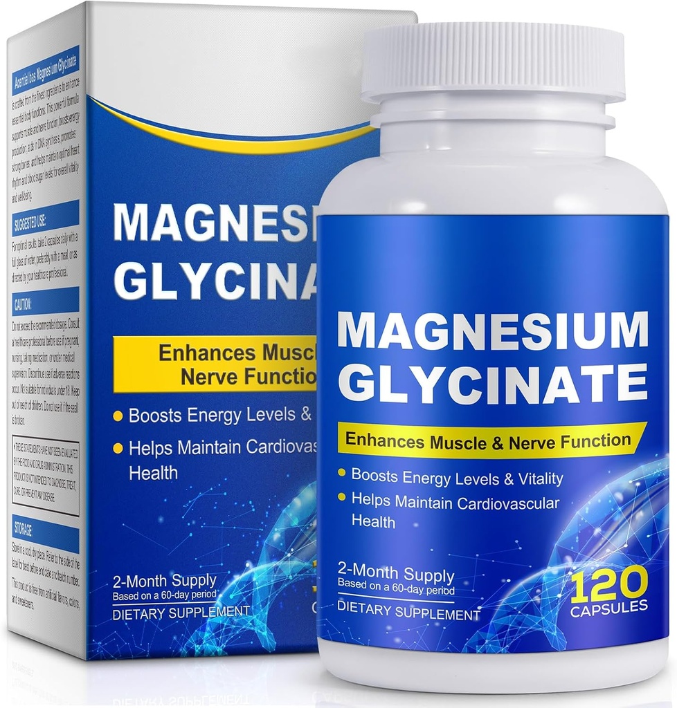 Magnesium Glycinate for Sleep, Mood, Brain, High Absorptie 120 Capsluis Supplement, Elemental Magnesium with 100mg Calcium - Highly Bio available - with Vitamine D3 & K2