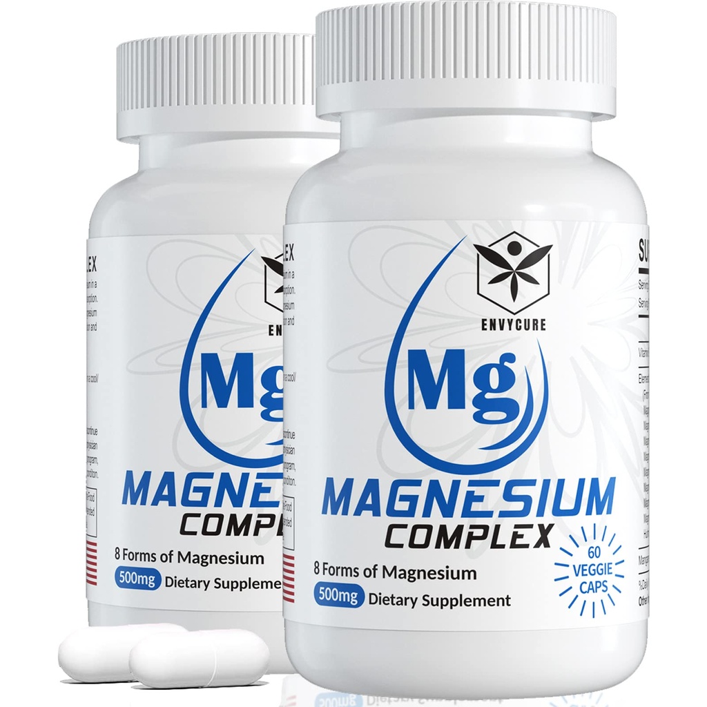 Magnesium Complex Supplement 8 Forms, 500mg Magnesium Glycinate, Malate, Citraat, Hoge Absorptie Mg voor Kalm, Slaap, Mood & Gezonde Spier, Verpakking van 2, Totaal 120 Vegan Capsules