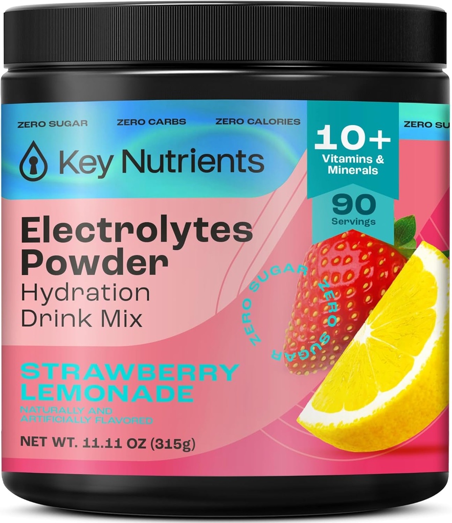 NUTRIENTS CLÉS Électrolytes Poudre Pas de sucre - Lémonade juteuse Lémonade Poudre d'électrolyte - Poudre d'hydratation - Pas de calories, sans gluten Kéto Électrolytes Poudre - 90 portions - Fabriqué aux États-Unis