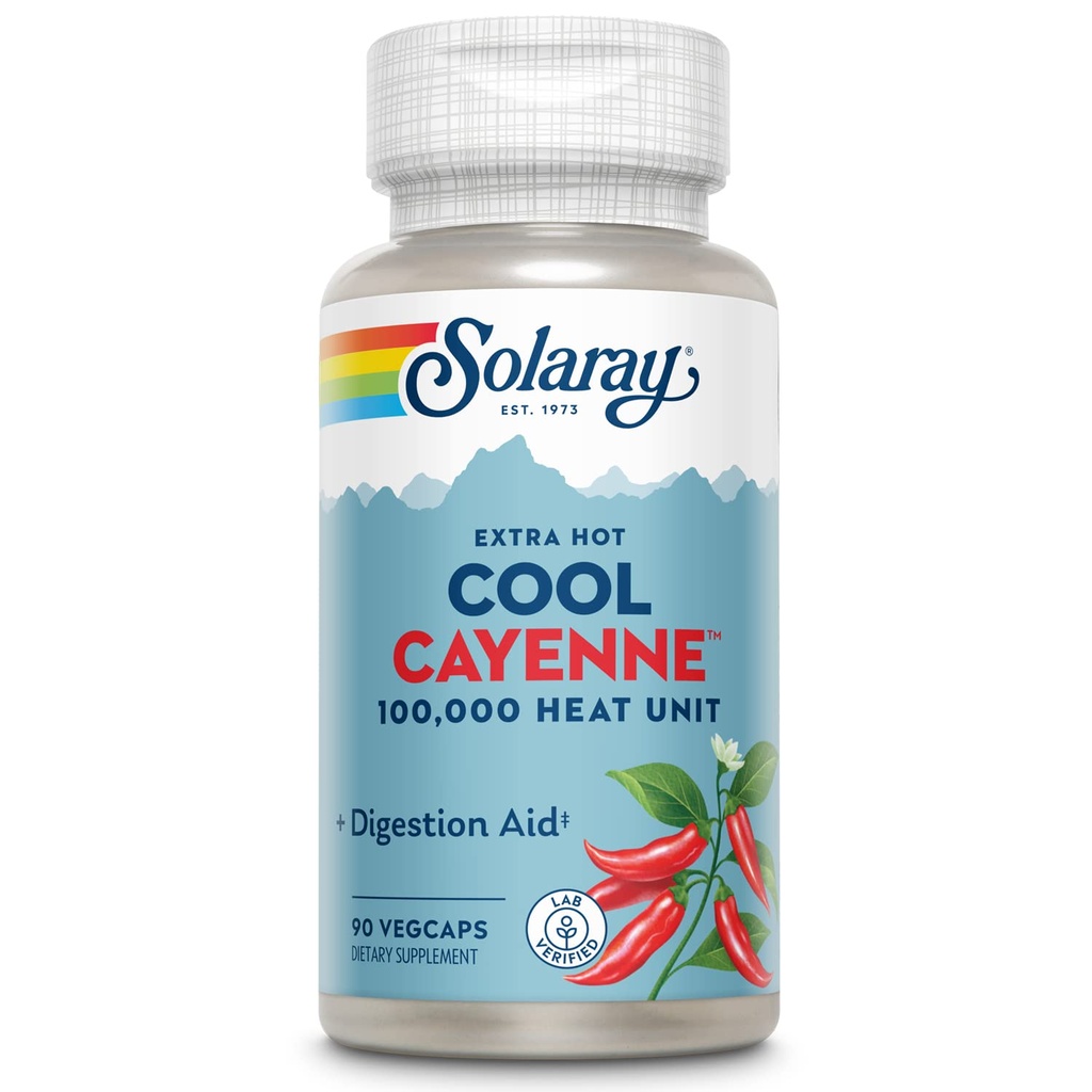 SOLARAY Extra Hot Cool Cayenne 100.000 HU - Traditional Folk Remedy and Digestion Aid - Bio-Cool Process - Lab geverifieerd, GMP Facility, 60-Day Garantie - 45 Servings, 90 VegCaps