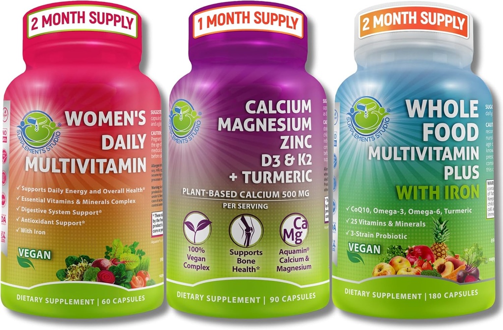 Vegan Multivitamins & Calcium Trio–Whole Food Multivitamin with Iron + Women’s Daily Multivitamin with Iron + Plant-Based Calcium, Magnesium, Zinc, D3, K2 & Turmeric – Energy, Bone & Immune Support