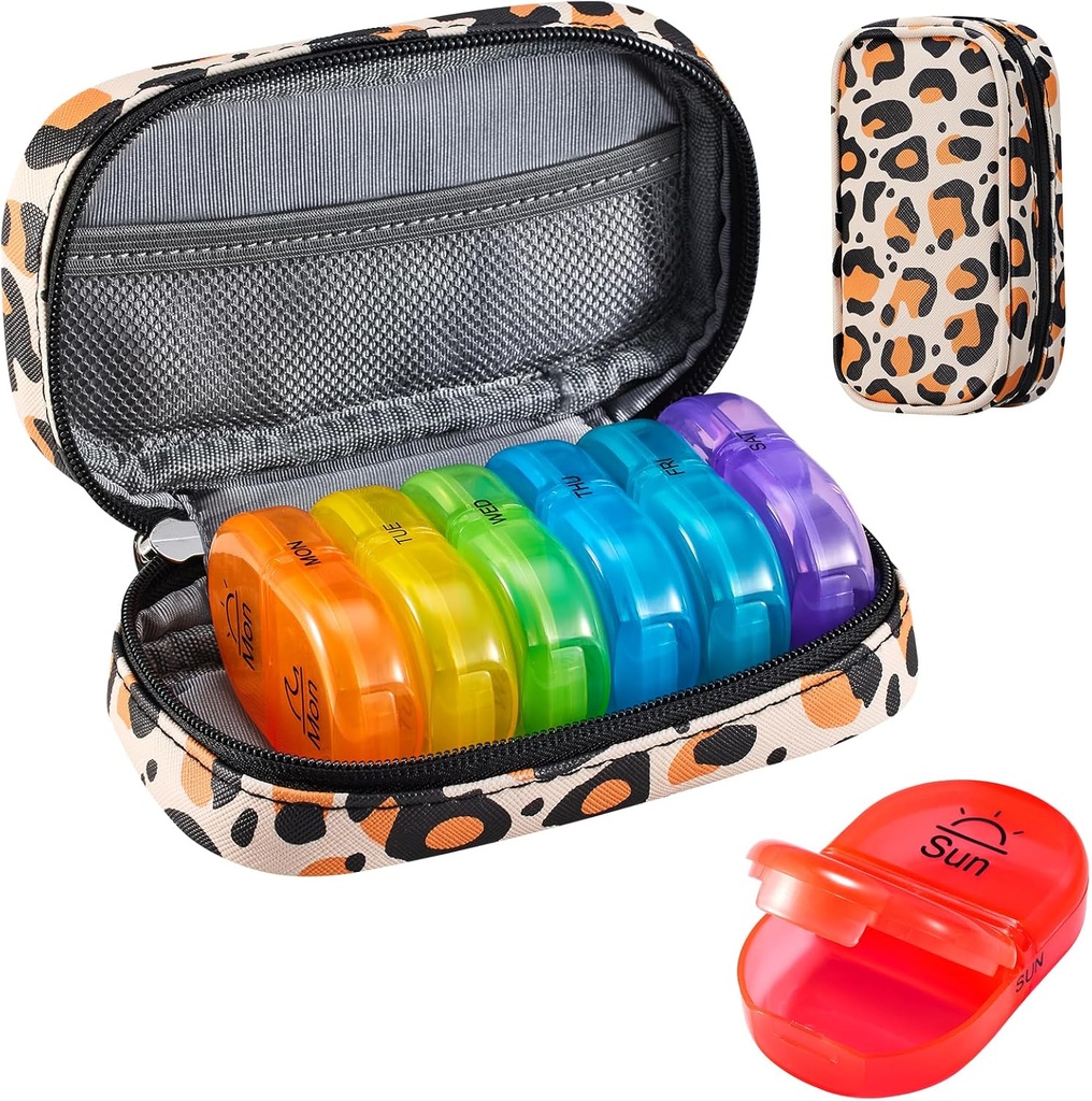Serfeymi Weekly Travel Pill Organizer 2 keer Een dag AM PM Geupgraded Regenboog Pill Box 7 dag met Portable Zipper PU leren pil Case, Medicine Organizer voor pillen, Vitaminen, Visolie - Bruin 02