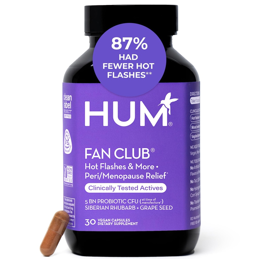HUM Fan Club Menopauze Probiotische Supplement, Estrogeen Gratis Menopauze Supplementen voor Vrouwen, Niet Hormonale, Ondersteunt Energie & Hot Flashes, Grape Seed Extract & Siberische Rabarber, 30 Vegan Capsules