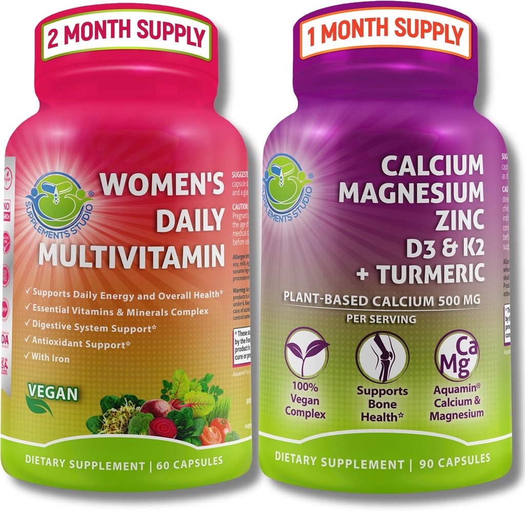 SUPPLÉMENTS ÉTUDE Ensemble complet de bien-être et de santé des os - Multivitamine quotidienne pour femmes avec du fer et du calcium à base végétale, du magnésium, du zinc, du D3, du K2 et du curcuma - végétalien, non OGM, ingrédients propres