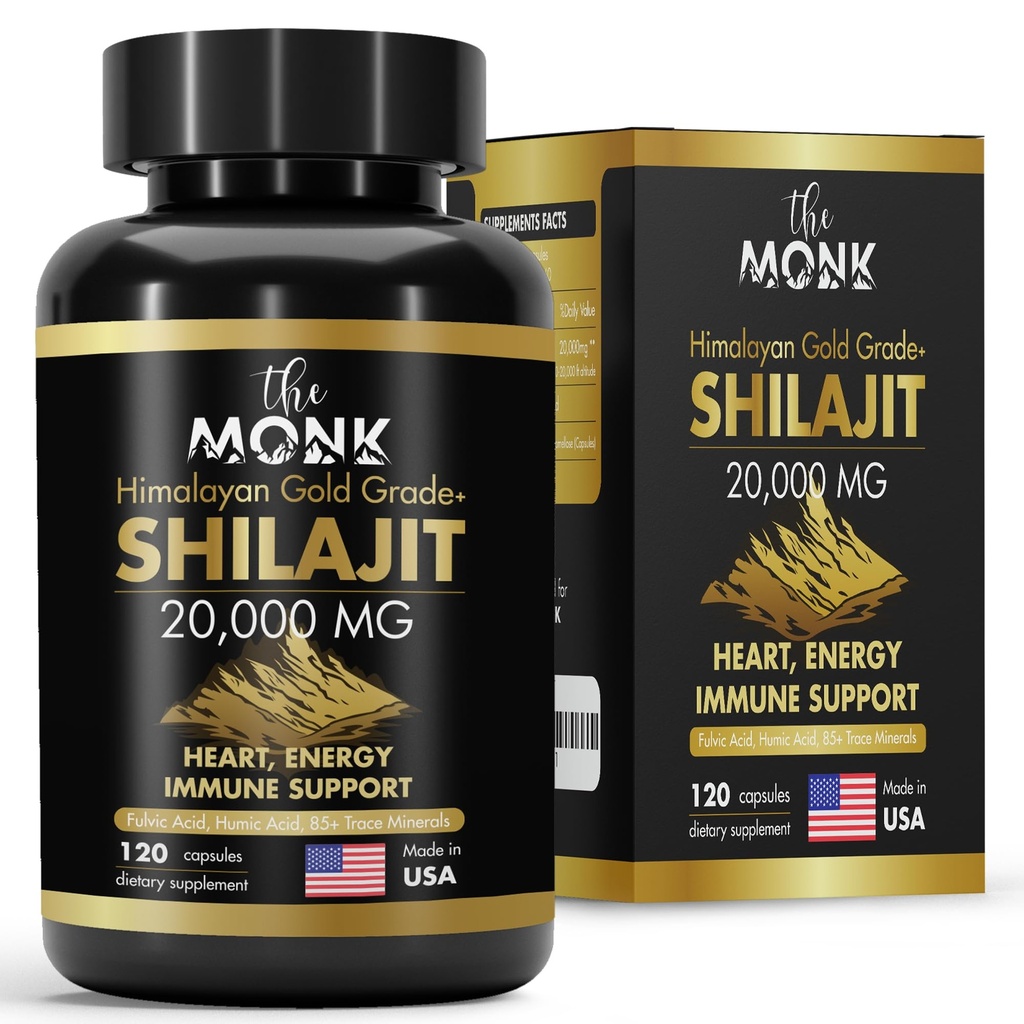 Biologische Shilajit met Fulvinezuur, Humic Acid, 85+ Minerals- Gold Grade Plus - Zelfde als Hars - Energie, Uithoudingsvermogen, Hersenondersteuning - 120 Capsules - Made in The USA