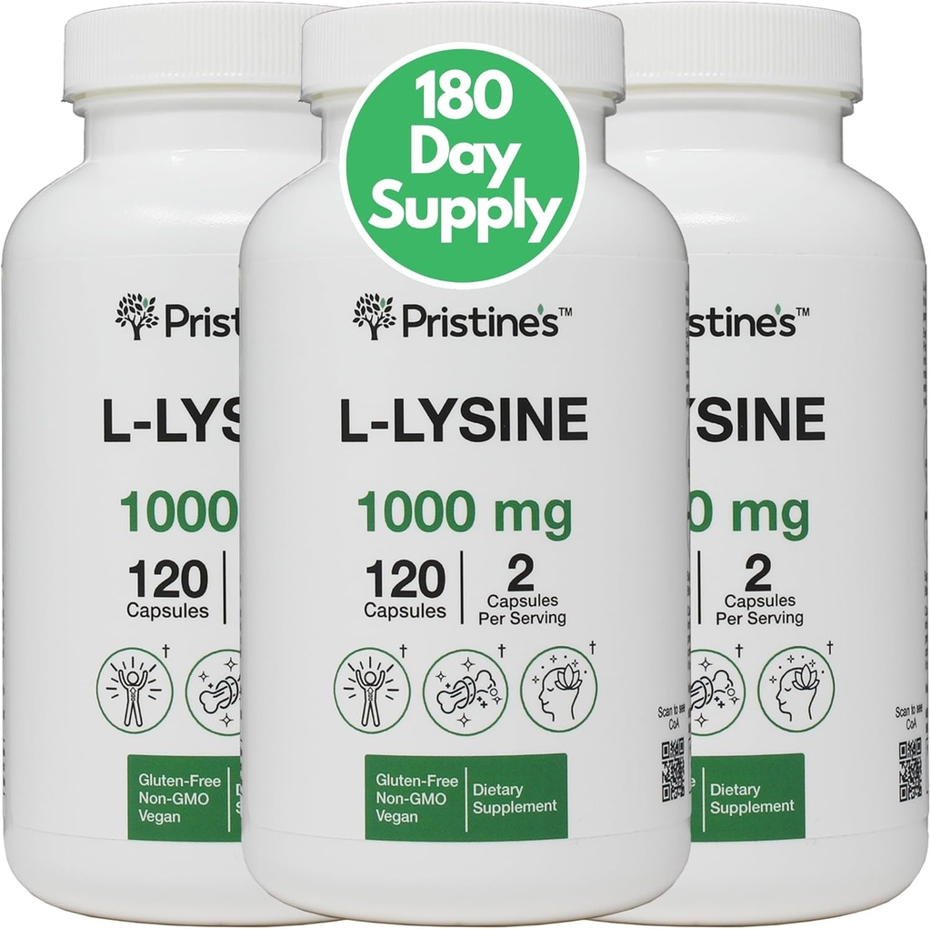 PRISTINE'S Lysine 1000mg (3 Pack) Lip & Gum Health Essential Amino Acid Immunity Support Supplement Capsules -180 Day Supply Muscle & Tissue Support - Collageen Production - Vegan Gluten Free Non GGM