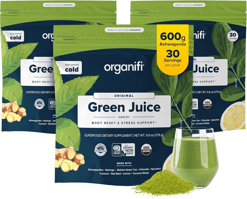Organifi Green Juice - Organic Superfood Powder - 90-Day Supply - Organic Vegan Greens - Helpt Cortisol verminderen - Biedt betere respons op stress - Ondersteunt gewichtscontrole - Totale lichaamswelzijn