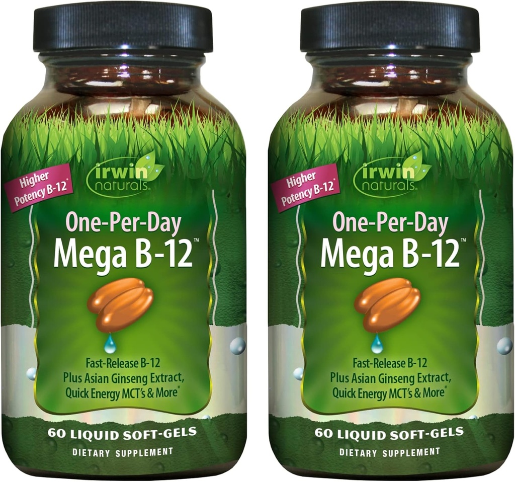 Irwin Naturals One-Per-Day Mega B-12 1.500mcg High Potency Methylcobalamine Vitamine - Fast Enhanced Absorptie met MCT + Asian Ginseng - Natural Energy Boost - 60 Liquid Softgels (Pack of 2)