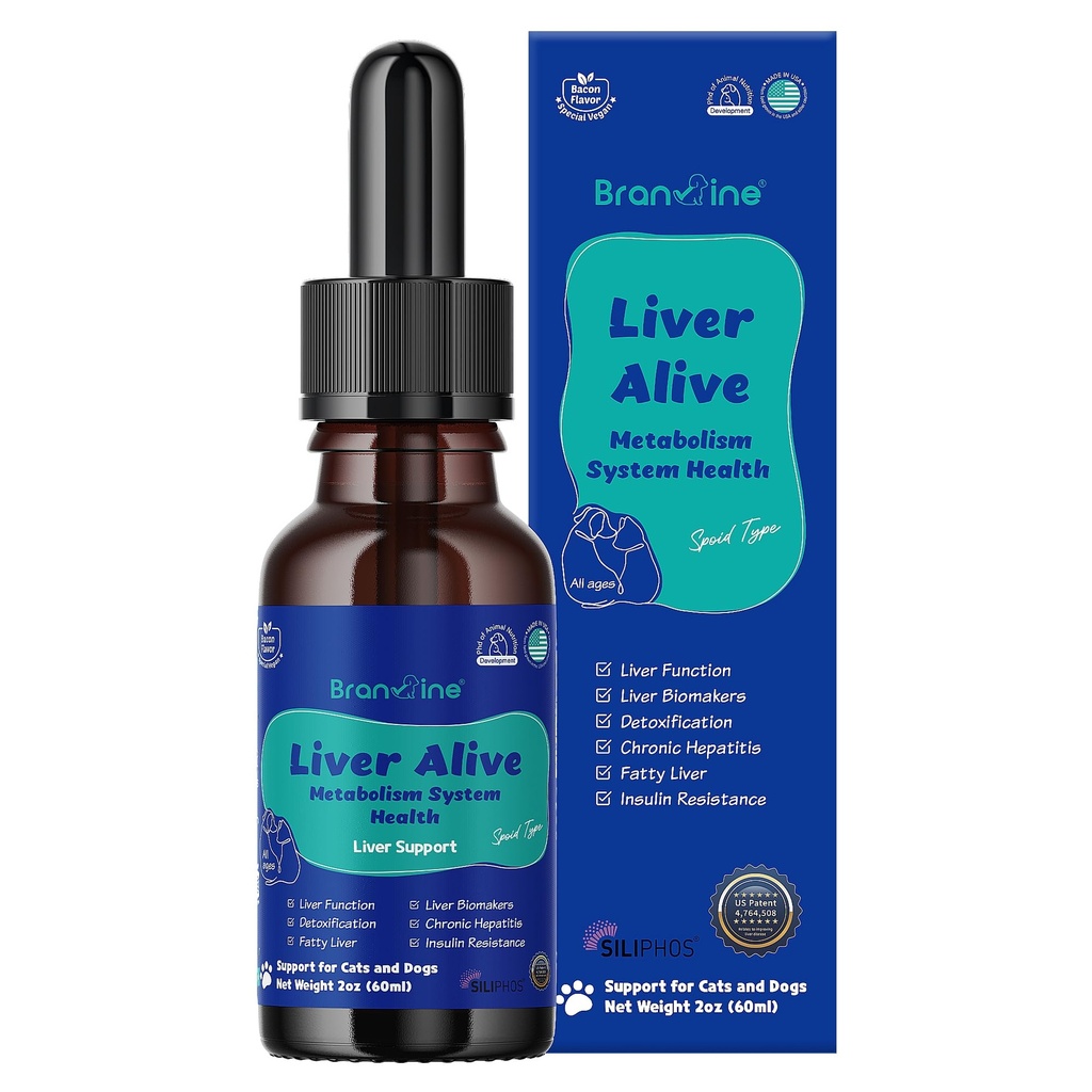Système de métabolisme vivant Santé pour les chiens et les chats - Fonction, Fatty, Detox, Hépatite chronique avec SILIPHOS®, TUDCA, Same Vegan Bacon Flavor (60ml)