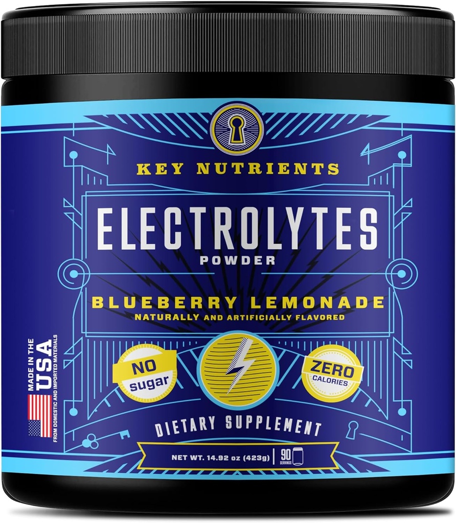 NUTRIENTS CLÉS Multivitamine Electrolytes Poudre Pas de sucre - Lémonade de bleuet frais Poudre d'électrolyte - Supplément Endurance & Énergie - Boissons d'hydratation - Pas de Calories - 90 portions - Fabriqué aux États-Unis