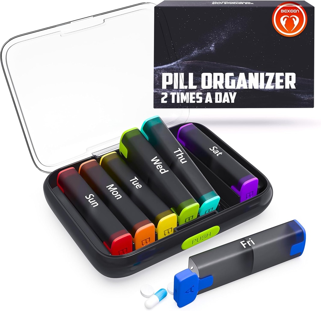 BEXEEN Weekly Pill Organizer 2 Times a Day - Pill Box 7 Day Am Pm - Travel Medicine Organizer Twice Daily Vitamin Holder Portable Supplement Case Week Morning Night Med Dispenser Detachable Container