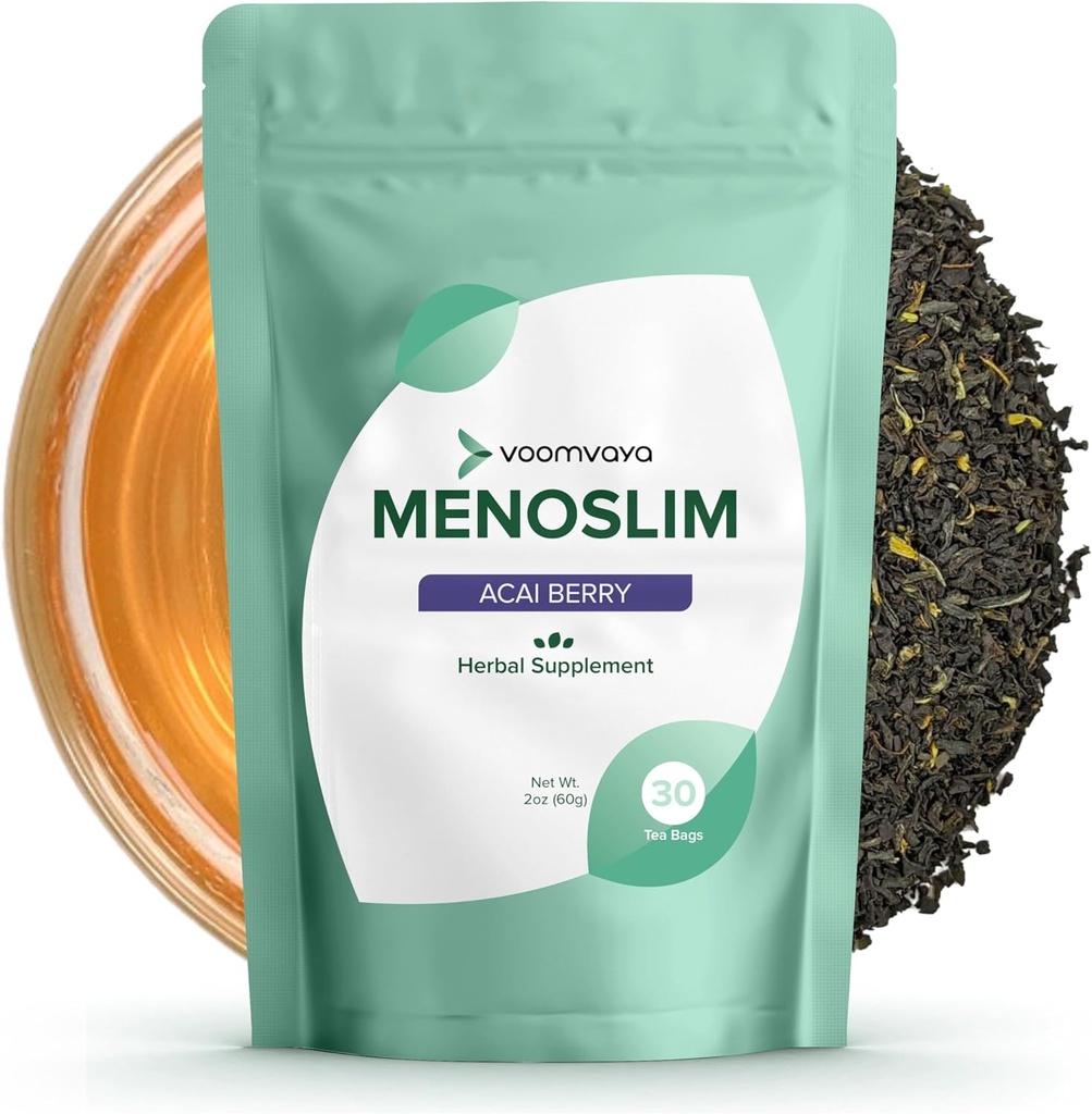 VoomVaya MenoSlim Tea - Hormone Balance Tea, Perimenopause & Estrogen Supplement for Women - for Bloating, Hot Flashes, Night Sweats & Meno-Belly - Acai Berry Flavor - 30 Theezakken