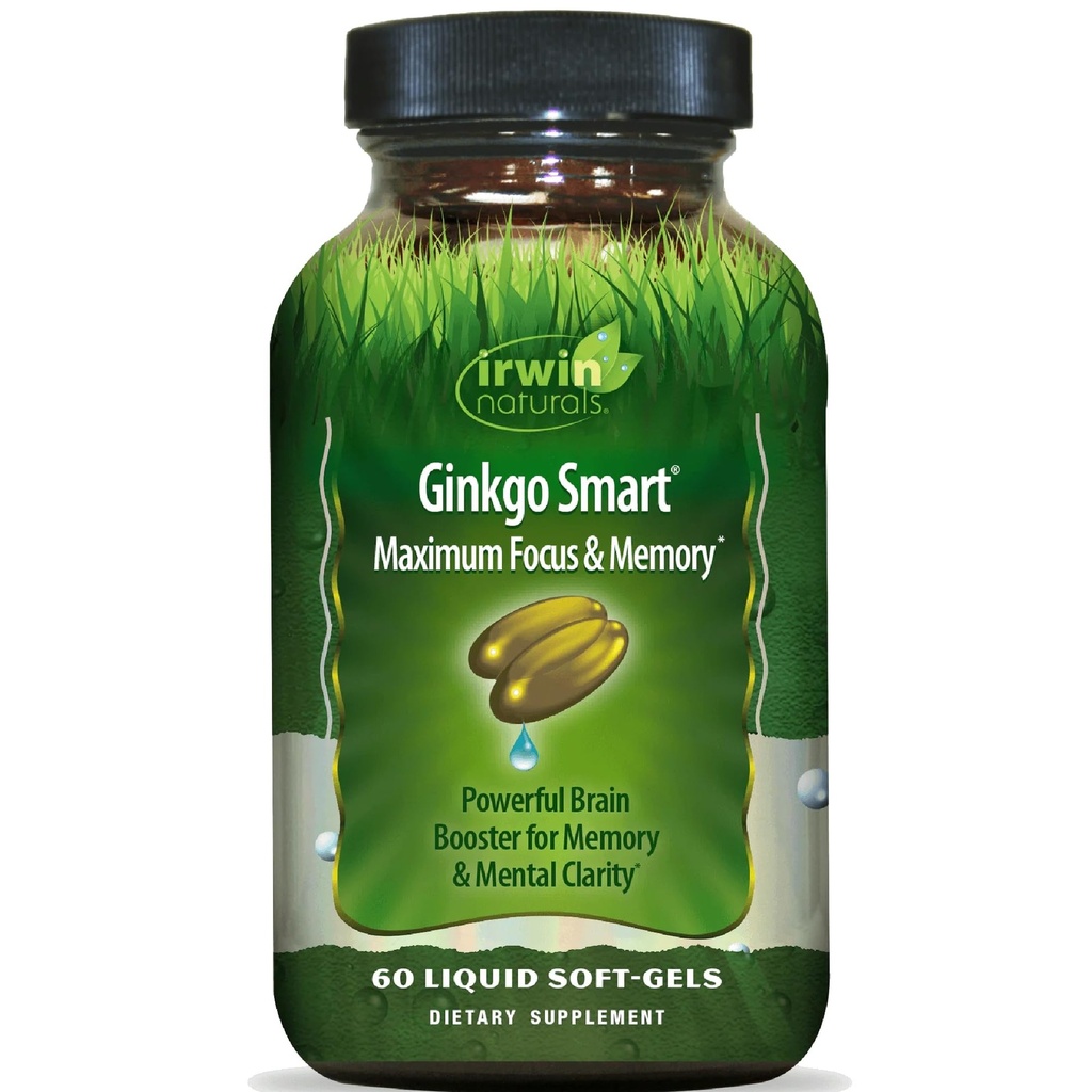 Irwin Naturals Ginkgo Smart Powerful Nootropic Brain Booster - Ondersteunt maximaal geheugen, focus & mentale helderheid met DMAE, Clubmoss, Choline & Acetyl L-Carnitine - 60 Liquid Softgels