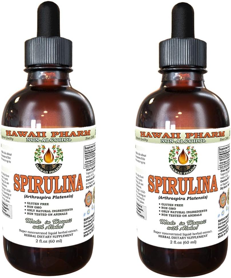 Spirulina Alcoholvrije Liquid Extract, Organische Spirulina (Arthrospira platensis) Gedroogde Algen Glyceriet Natuurlijke Kruidensupplement, Hawaii Pharm, USA 2x2 fl.oz