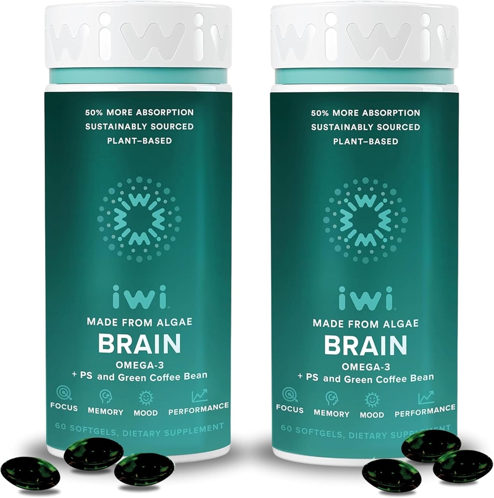 iwi life Brain Omega-3, 120 Softgels (60 Servings), Vegan Plant Based Algen Omega-3 met EPA + DHA, Focus, Geheugen en Mood Support Dieetsupplement, Krill & Fish Oil Alternative, No Fishy Aftersmaak
