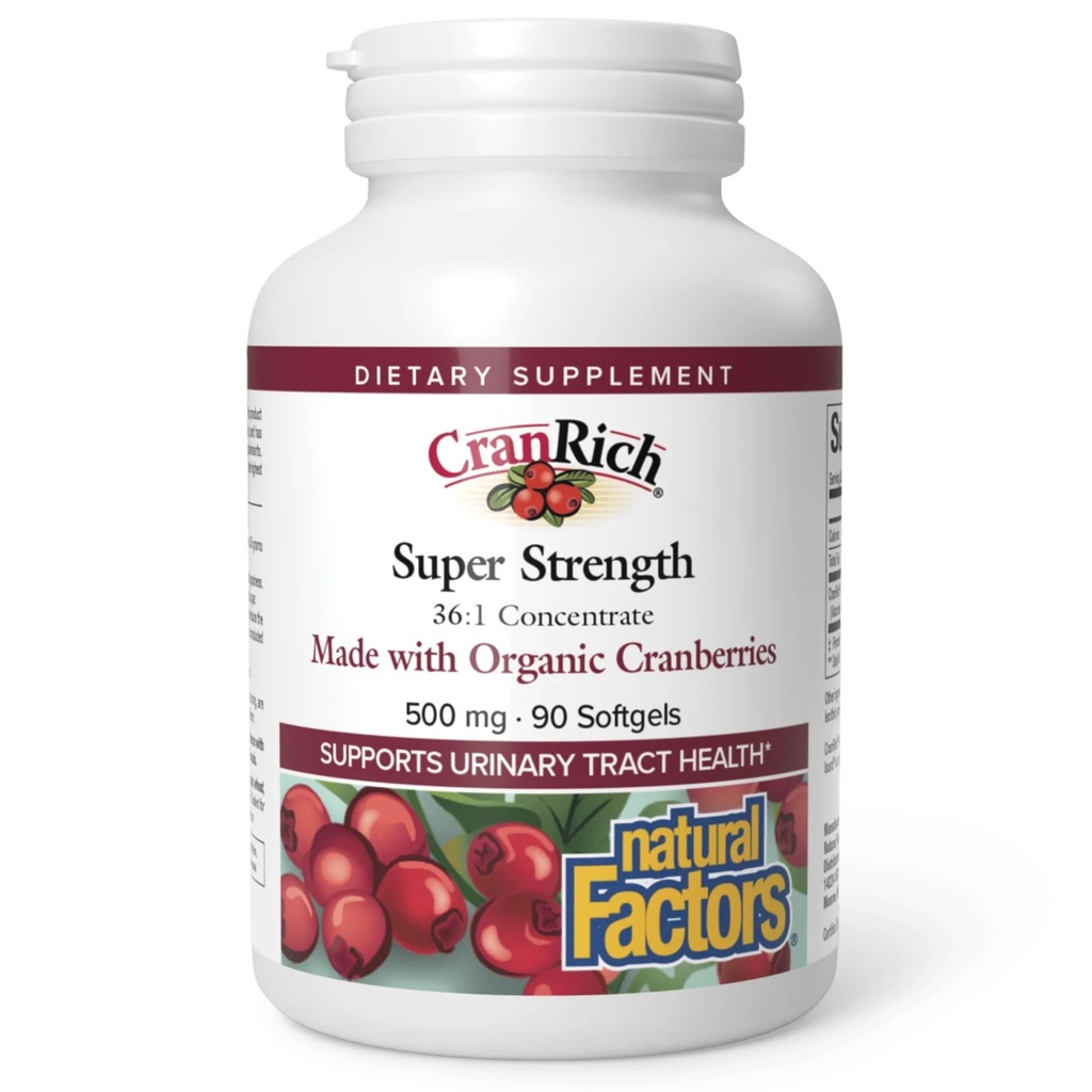CranRijk aan Natuurlijke Factoren, Super Strength Cranberry Concentrate, Antioxidant Supplement voor Urinaire Tract Ondersteuning, Non-GMO, 90 softgels (90 porties)
