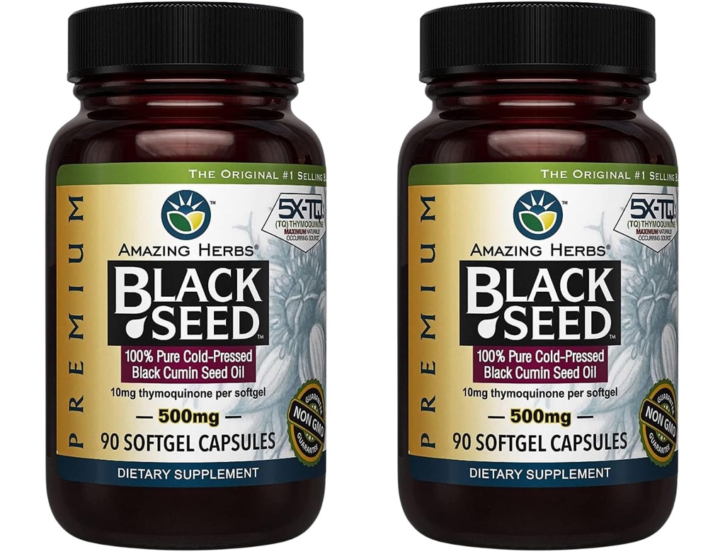 Verbazingwekkende kruiden Premium Black Seed Oil Capsules - Glutenvrij, Niet-GMO, Koud geperst Nigella Sativa Aids in Digestive Health, Immune Support, Hersenfunctie - 90 Tel, 500mg (pakket van 2)