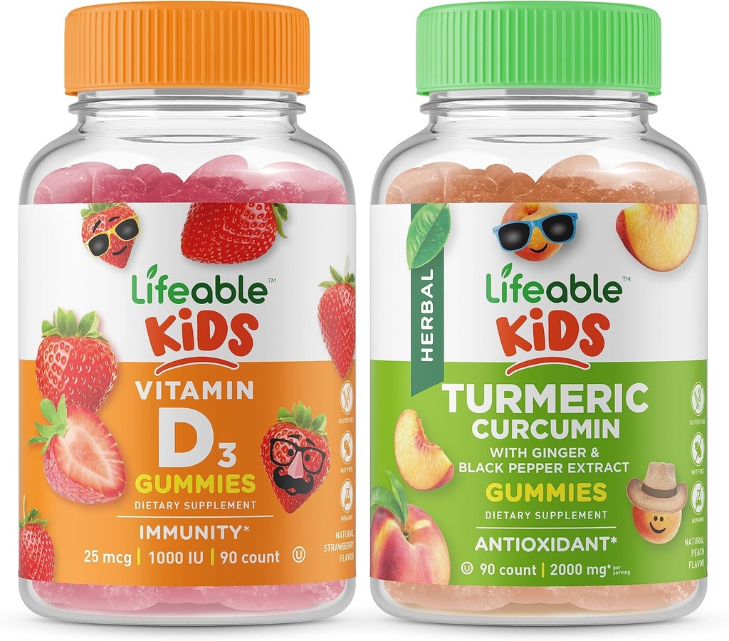 Levensvatbare Vitamine D Kids + Kurkuma Curcumin Kids, Gummies Bundle - Grote Proeverij, Vitamine Supplement, Glutenvrij, GGO-vrij, Kauwbare Gummy