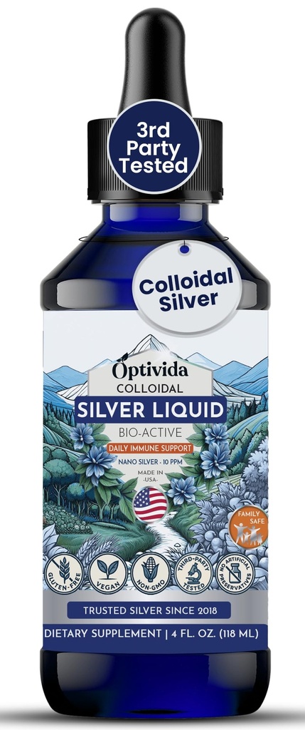 Optivida Health Colloïdal Silver Liquid (4 oz) – Supplément colloïdal Nano Silver Premium pour le bien-être quotidien et le soutien immunitaire, hydrosol liquide naturel en argent pour adultes et enfants, sans OGM, sans gluten