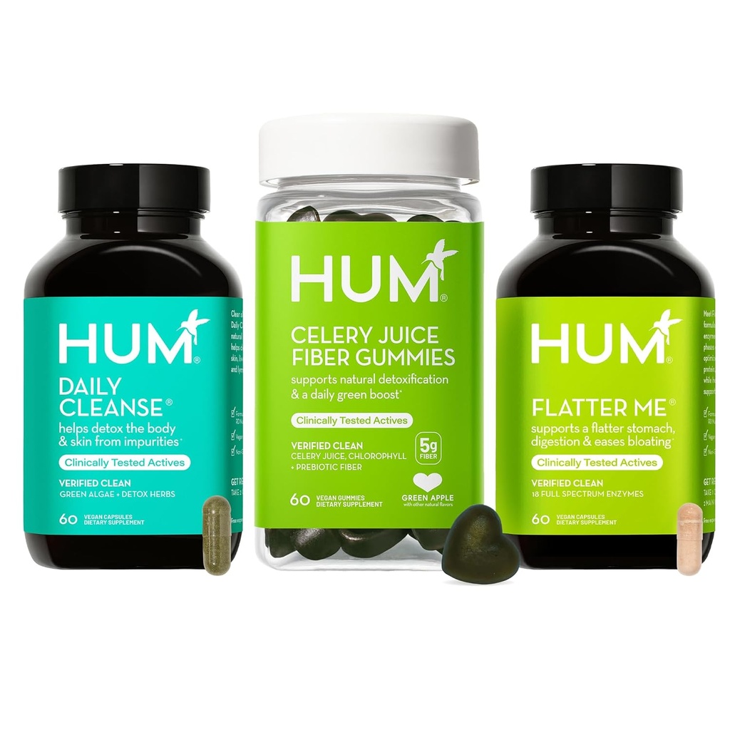 HUM Green Detox Bundel met Flatter Me Decompensative Enzymes, Dagelijkse Reiniging Acne Supplement, en Selderij Juice Fiber Gummies met Chlorofyl, 3-staps Wellness Set, Ondersteunt Decompensative & Gut Health