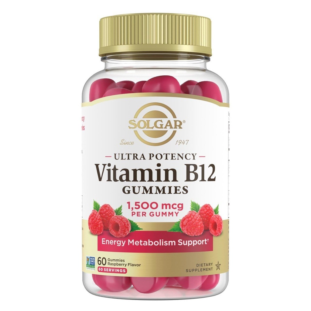 Solgar Methyl B12 Gummies voor volwassenen 1.500mcg Ultra Potency Vitamine voor Energie & Metabolisme Ondersteuning, Raspberry Smaak, Veganistisch & Glutenvrije Gummy voor Vrouwen & Mannen, 2 maand aanbod, 60 porties, 2g suiker