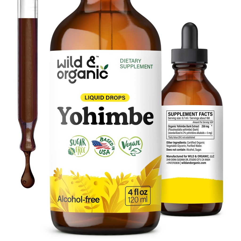 Wild & Organic Yohimbe Supplements for Men & Women - 5 mg Yohimbine Extract Tinctuur - Alcoholvrije Yohimbe Bark Drops - Vegan, Non-GMO & Sugar-Free - 4 fl oz