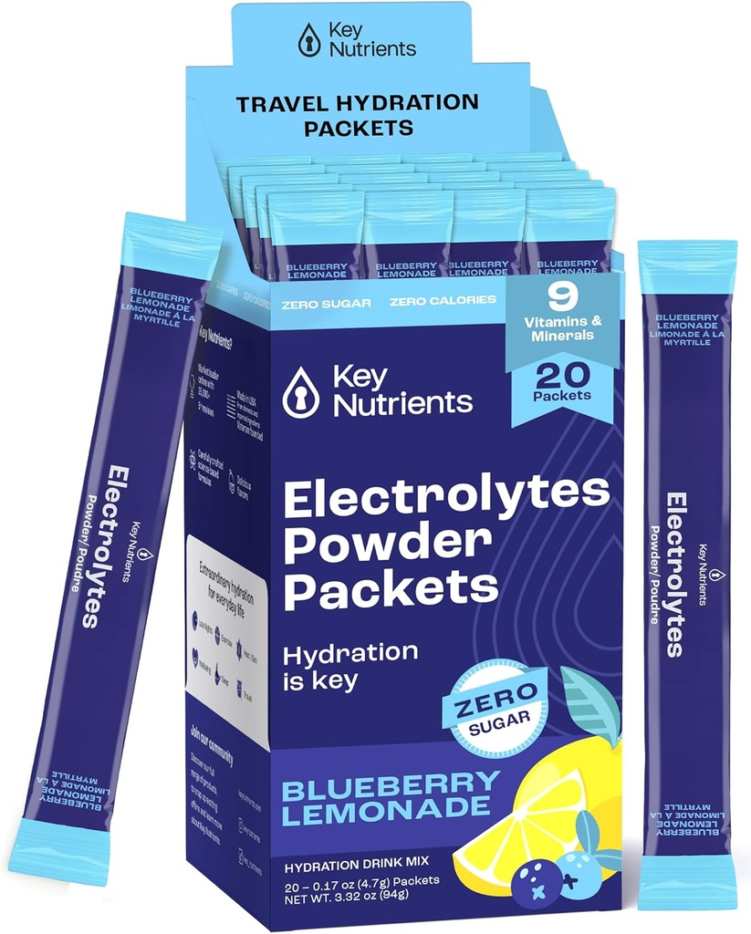 KEY NUTRIËNTEN Multivitamine Electrolytes Powder Packets - Delicious Blueberry Lemonade 20 Pack Hydration Packets - Travel Hydration Powder - No Sugar, No Calories, Glutenvrij - Made in USA