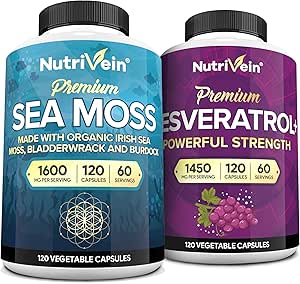 Nutrivein Premium Sea Moss Capsules & Resveratrol Supplement Bundle: High-Absorptie Resveratrol Capsules en Irish Sea Moss for Digestie, Vitality, & Repair