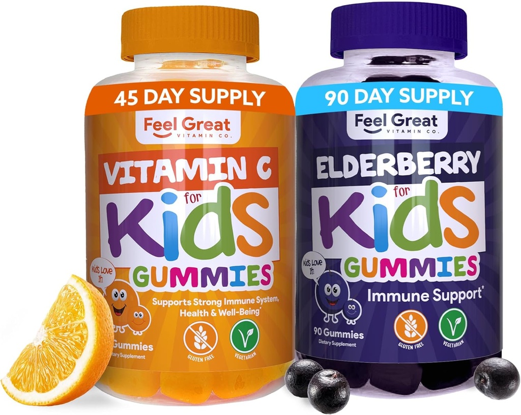 Voel Great Immune Support Gummies voor kinderen Duo - 90 dagen levering - Zink, vitamine C, vlierbessen - Glutenvrij, plantaardige basis - Tasty Berry & Citrus Gummies