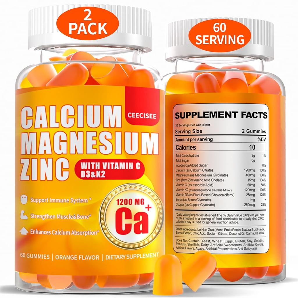 Calcium Magnesium Gummies voor vrouwen Mannen: 1200mg Calcium citraat Zink Gummy met vitamine C D3 K2 - Vegan Sugar Free Kauwbare Hoge Absorptie Enegy Immune Ondersteuning Supplement(120Count)