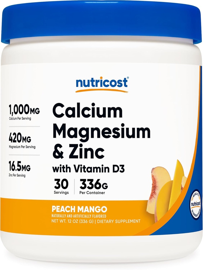 Nutricost Calcium Magnesium Zink Citraten met vitamine D3 poeder, 30 porties (Peach Mango smaak)