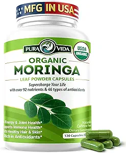 PURA VIDA MORINGA Capsules Single Origin Moringa Powder Organic. Pure Moringa Leaf. Energie, Metabolisme, & Immune Support. 120ct. 500mg Caps.