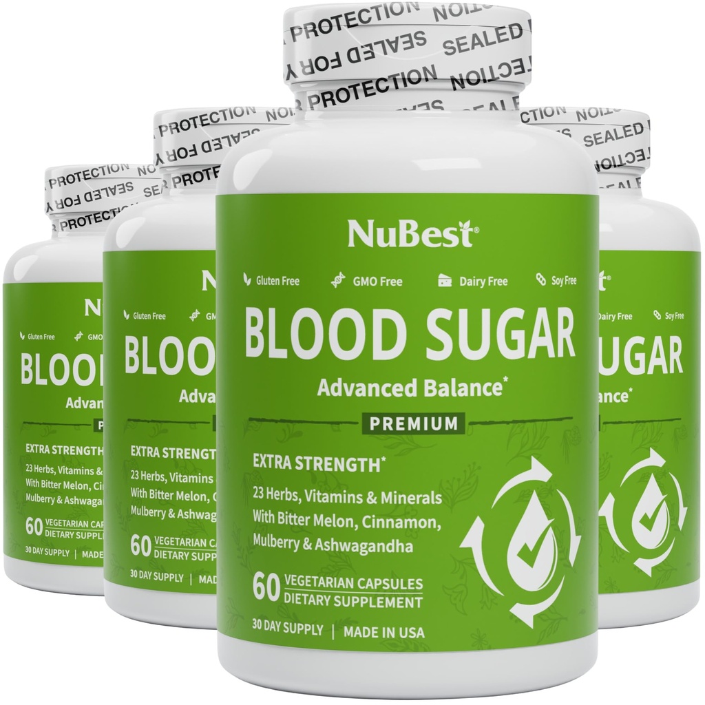 NuBest sucre de sang - Formule Premium avec Melon amer, Ashwagandha, cannelle, chrome, magnésium, vitamines, acide alpha lipoïque, poivre Cayenne - Soutenir sucre de sang sain - Pack 4