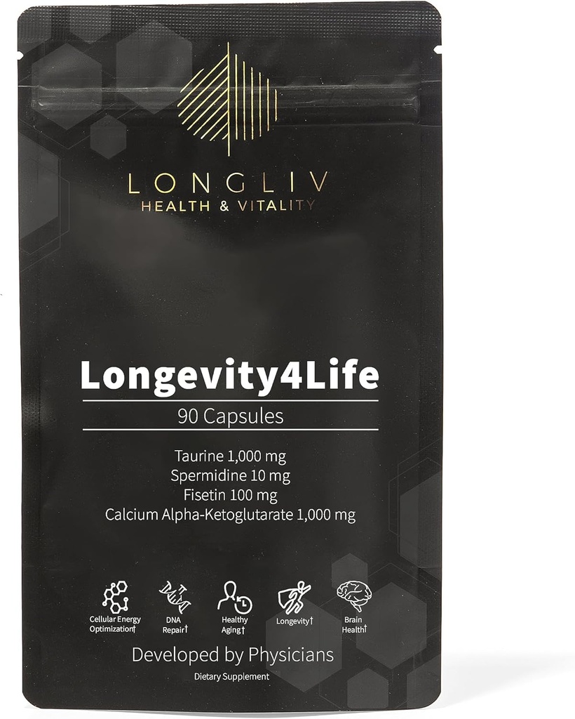 Longevity4Life - Ultimate Cellular Health Supplement - Fisetin, Taurine, Calcium Alpha-Ketoglutaraat, en Spermidine Capsules voor duurzaamheid en vitaliteit - Made in USA - Arts Formulated