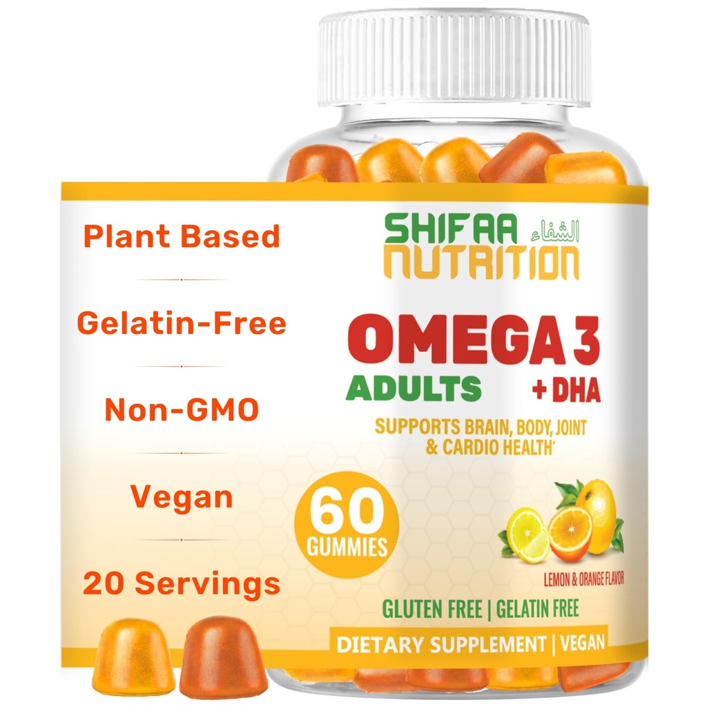 SHIFA NUTRITION Vegan Omega 3 Gummy's voor volwassenen Geen Fish Oil Burps 60 Gummy's Plant Based w/Chia Oil, Algae 
