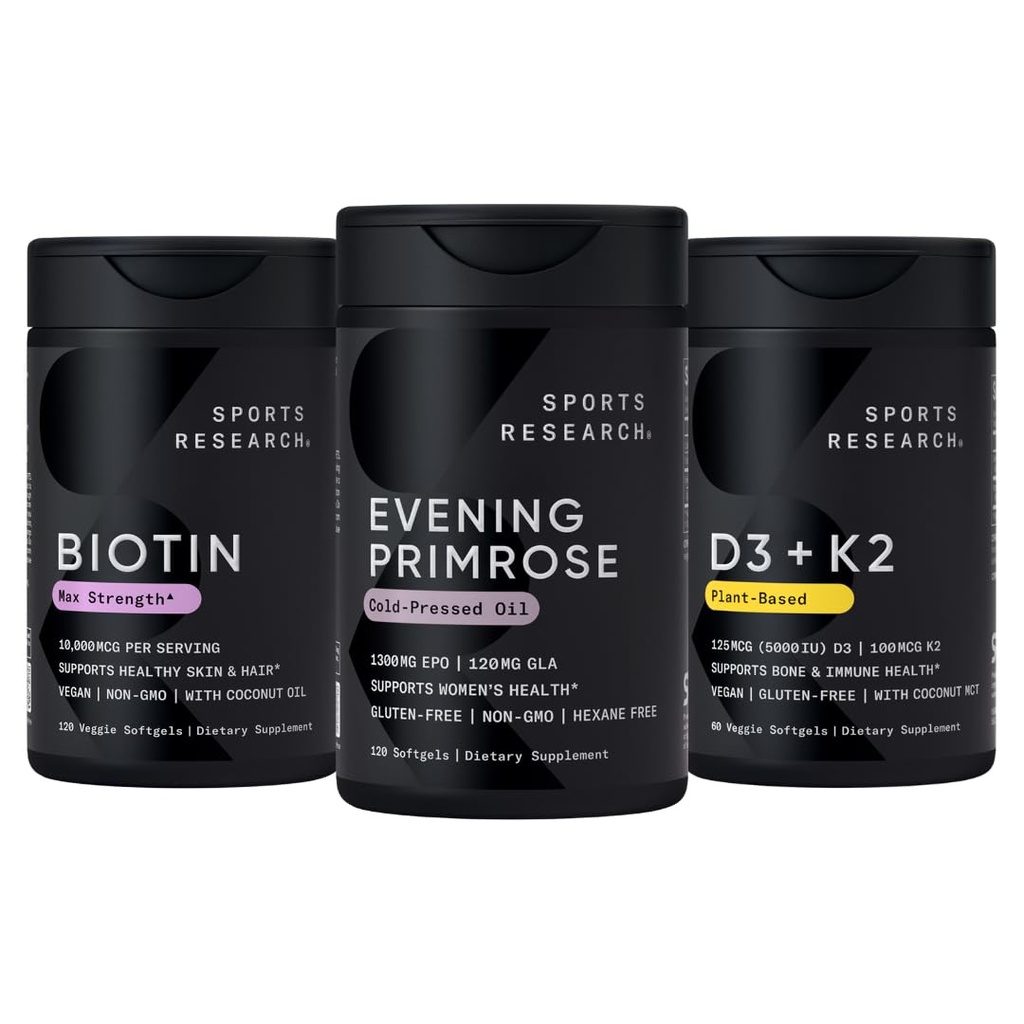 Sportonderzoek Vegan Biotin 10.000mcg met kokosolie, avondprimrose supplement van koud geperste olie en plantaardige vitamine K2 MK7 + Vegan D3 5000iu